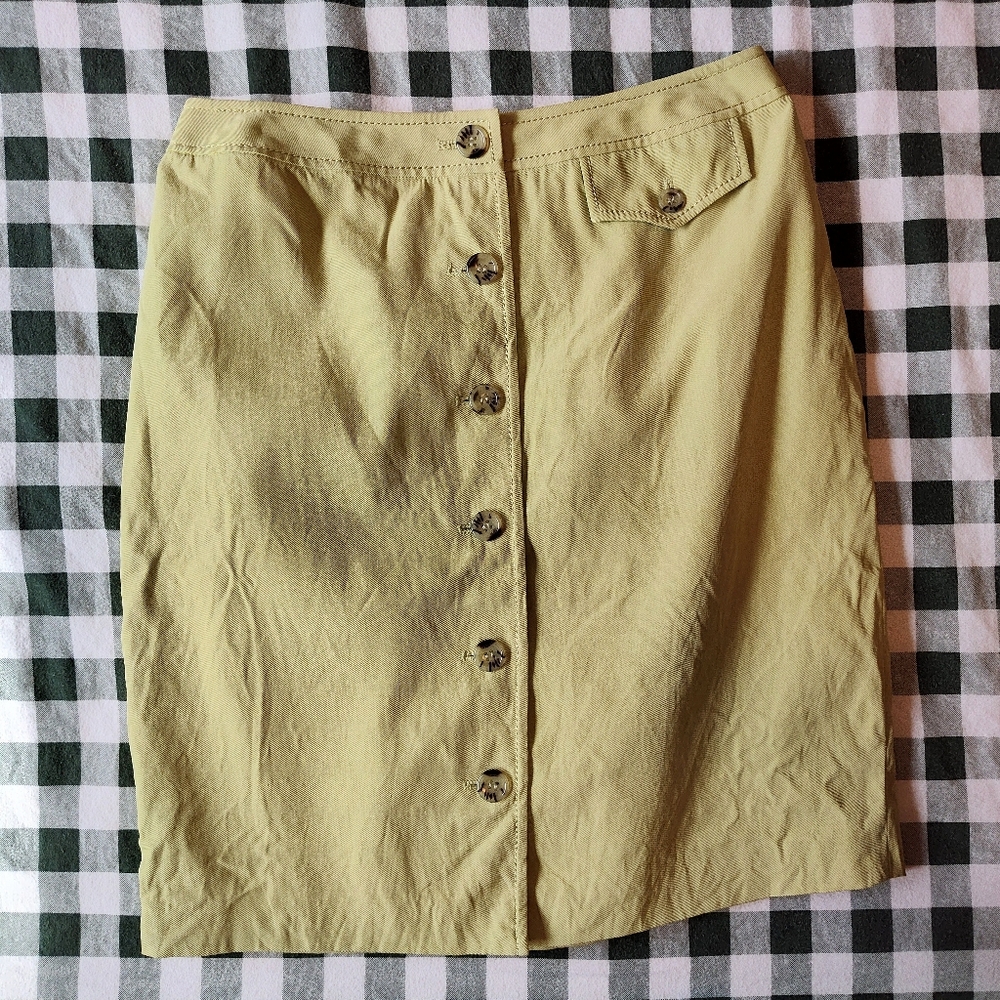 Mod Yellow Green Silk Mini Skirt Sz 6 Button Front Tortoiseshell 60s 70s